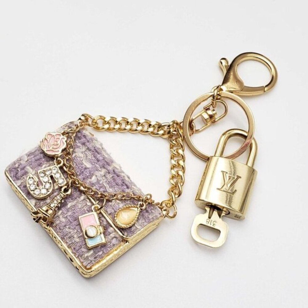 Authentic Louis Vuitton Padlock & Key Gold ✨Unbranded Tweed Bag Charm Keychain - Picture 6 of 9